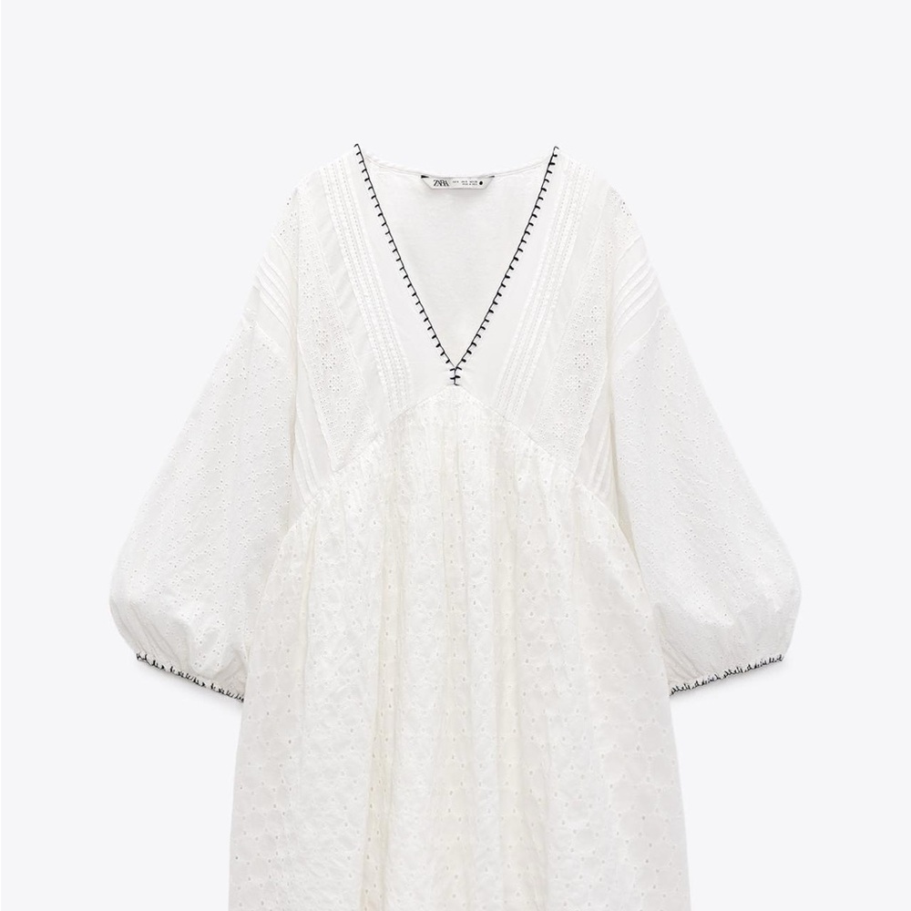 Zara White Midi Dress with V-Neck and Bishop Sleeves